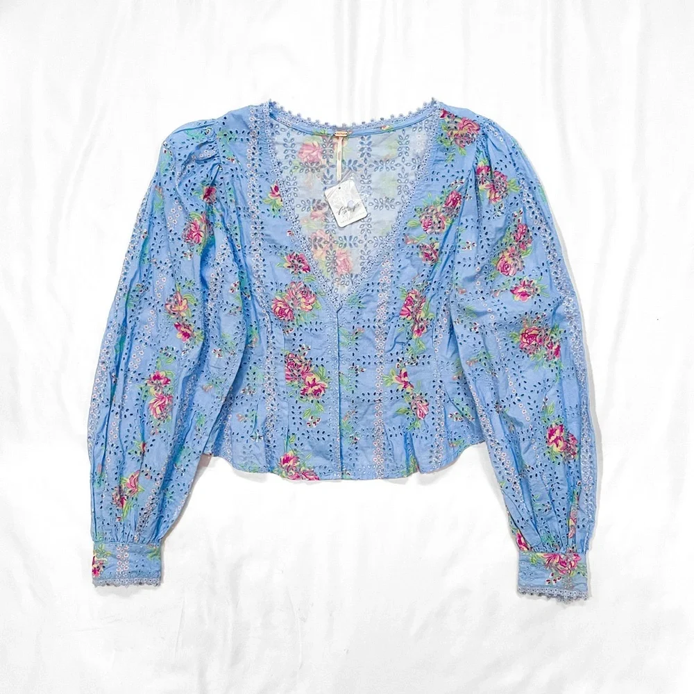 Free People Blue Floral Blossom Eyelet Top • NWT
